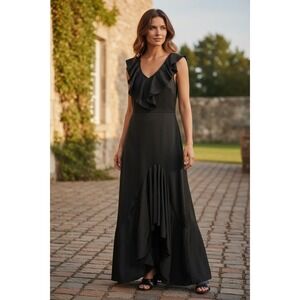 Elegant Black Ruffle V Neck Maxi Dress Flowy Hi Low Hem Occasion Gown Size L